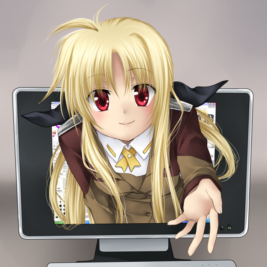 00s, 1girl, 467_(artist), bad_id, bad_pixiv_id, beckoning, blonde_hair, blush