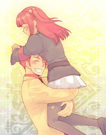 00s, 1boy, 1girl, armband, brother_and_sister, family_bonding, formal_clothes, hair_bobbles