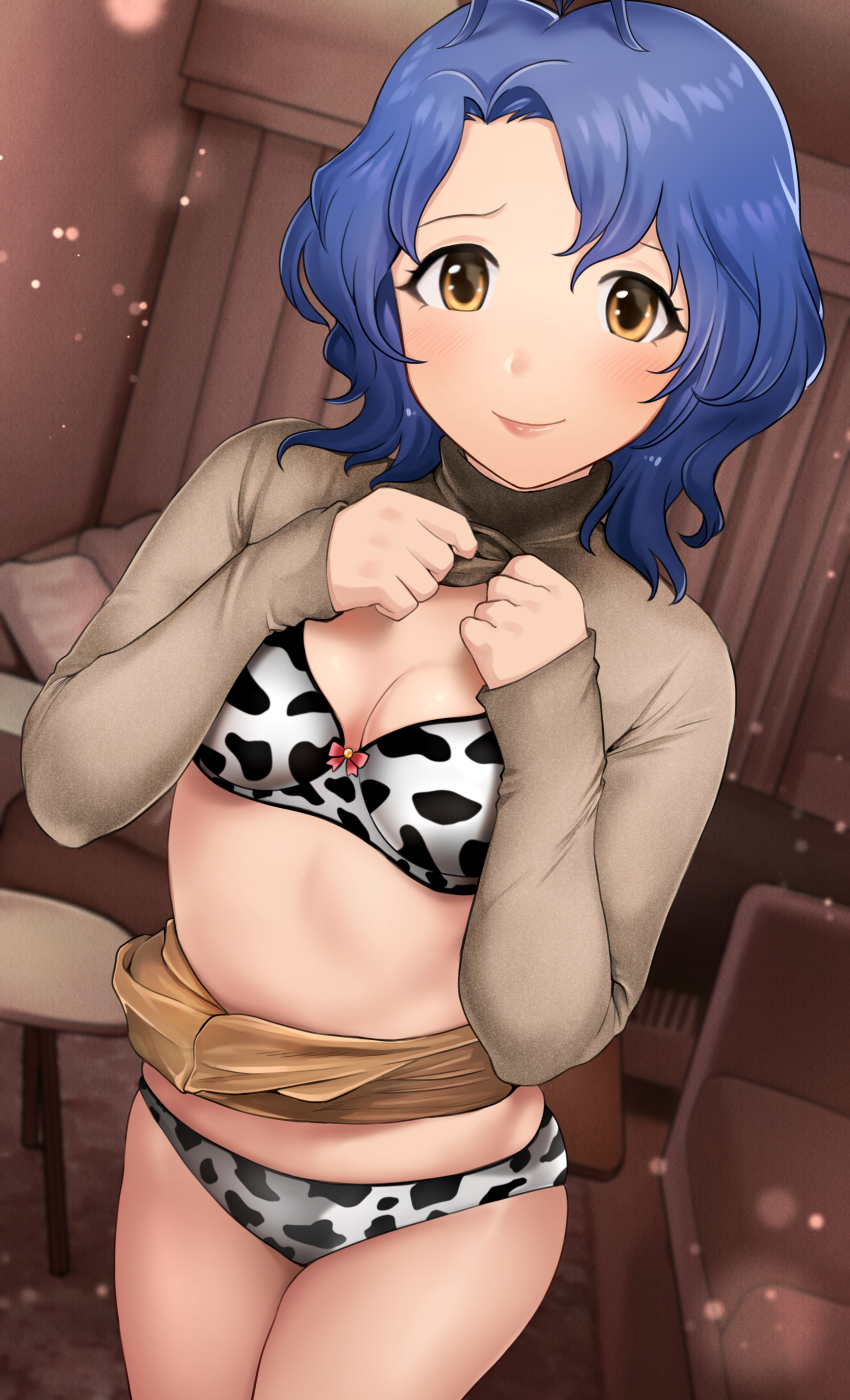 1girl, absurdres, animal_print, bad_id, bad_pixiv_id, bed, beige_shirt, blue_hair