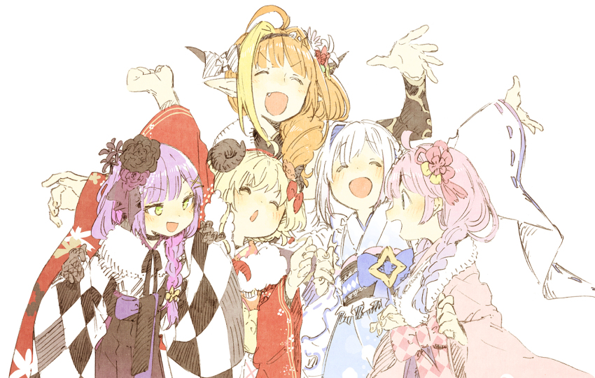 5girls, abara_heiki, ahoge, amane_kanata, arm_up, asymmetrical_hair, black_kimono, blonde_hair