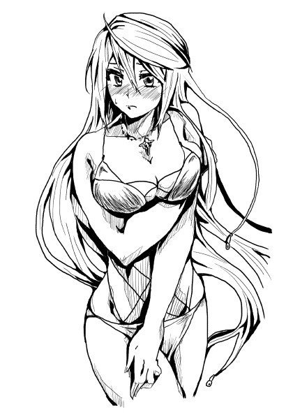 1girl, bikini, blush, breasts, cleavage, embarrassed, floating_hair, greyscale, jewelry, large_breasts, long_hair, looking_to_the_side, monochrome, narigaya, necklace, nose_blush, shizuki_shizukawa, solo, super_robot_wars, super_robot_wars_x-omega, swimsuit, very_long_hair, white_background
