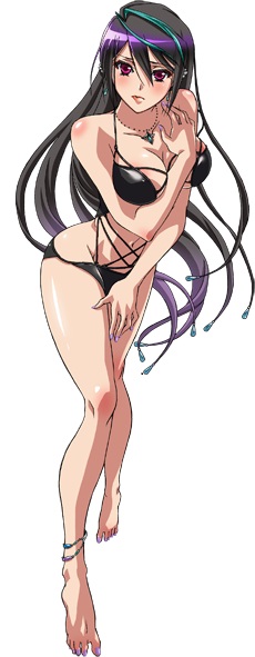 1girl, anklet, barefoot, bikini, black_bikini, black_hair, blue_hair, blush, breasts, cleavage, covering_body, embarrassed, hair_between_eyes, jewelry, kouno_sachiko, leaning_forward, long_hair, looking_at_viewer, medium_breasts, multicolored_hair, official_art, red_eyes, shizuki_shizukawa, solo, streaked_hair, super_robot_wars, super_robot_wars_x-omega, swimsuit, very_long_hair, white_background
