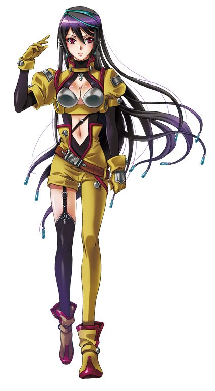 1girl, black_hair, blue_hair, breasts, cleavage, clenched_hand, full_body, gloves, kouno_sachiko, long_hair, looking_at_viewer, stomach_cutout, multicolored_hair, navel, official_art, pilot_suit, red_eyes, shizuki_shizukawa, single_thighhigh, solo, streaked_hair, super_robot_wars, super_robot_wars_x-omega, thighhighs, v-shaped_eyebrows, very_long_hair, yellow_gloves