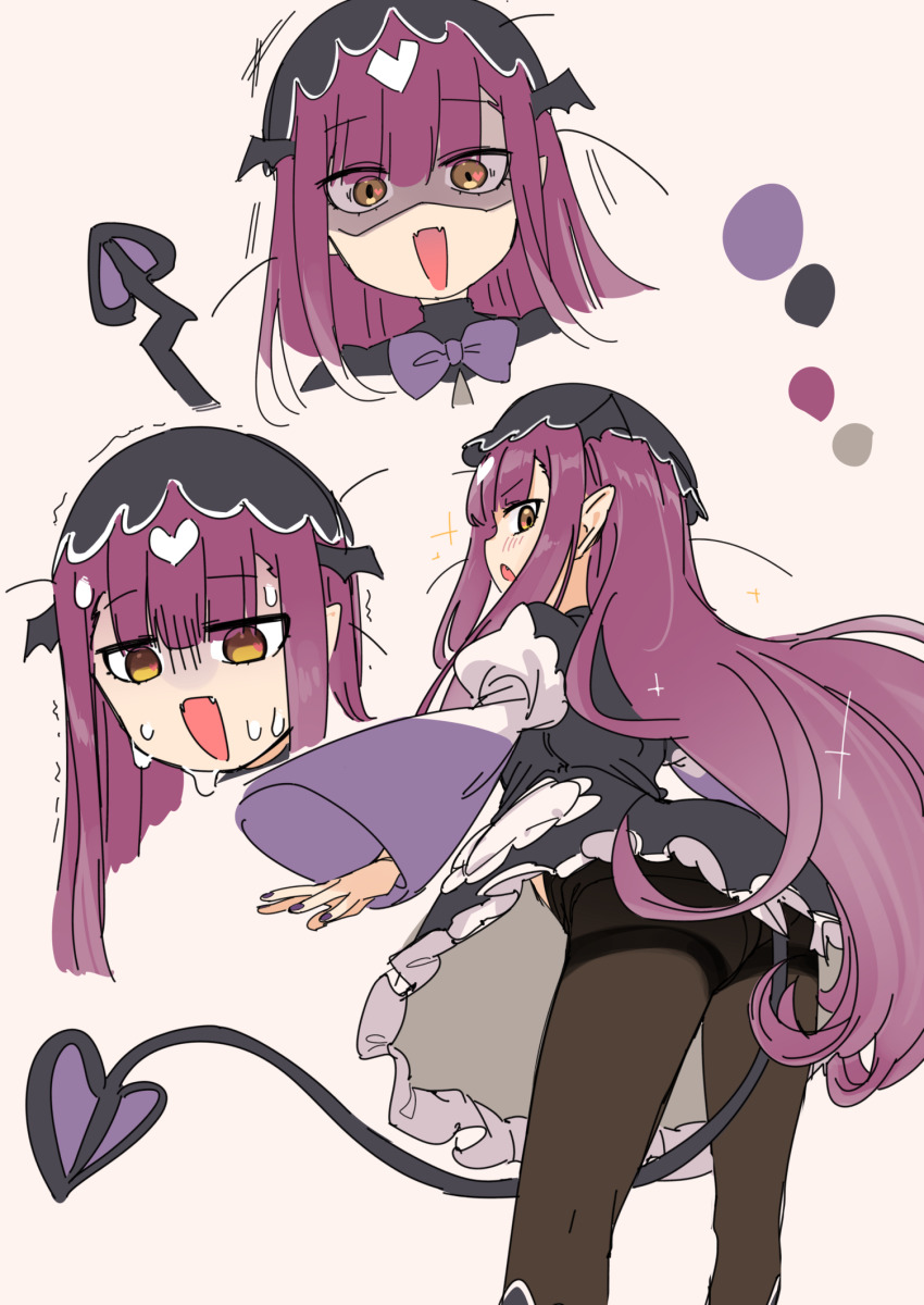1girl, :d, ass, black_dress, black_headwear, black_pantyhose, blush, bow, brown_eyes, color_guide, commentary_request, demon_tail, dress, fangs, frilled_dress, frills, highres, juliet_sleeves, long_hair, long_sleeves, maou-jou_de_oyasumi, multiple_views, nail_polish, open_mouth, pantyhose, pink_background, pointy_ears, profile, puffy_sleeves, purple_bow, purple_hair, purple_nails, shaded_face, smile, standing, succyun, tail, uno_ryoku, very_long_hair, wide_sleeves