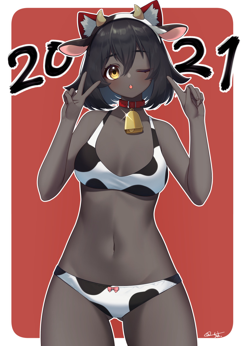 1girl, 2021, absurdres, animal_ear_fluff, animal_ears, animal_print, bell, bikini