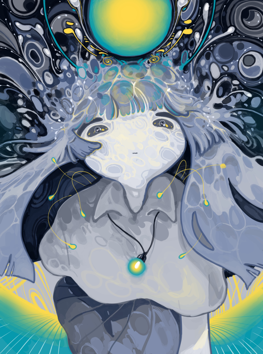 1girl, abstract, absurdres, blunt_bangs, collared_shirt, grey_eyes, grey_hair, grey_shirt, highres, jewelry, long_hair, looking_at_viewer, necklace, no_nose, original, pleated_skirt, shirt, sizucomaru, skirt, solo