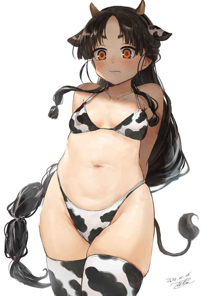 1girl, animal_ears, animal_print, arms_behind_back, bikini, black_hair, blush, breasts