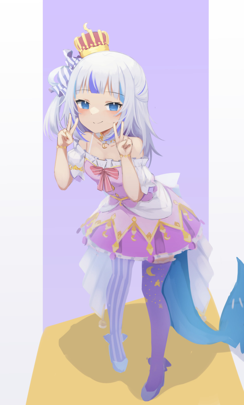 1girl, absurdres, alternate_costume, asymmetrical_legwear, bare_shoulders, blue_eyes, blunt_bangs, blush, bracelet, breasts, closed_mouth, collarbone, cosplay, crescent, crescent_print, crown, detached_collar, double_v, dress, fins, fish_tail, full_body, gawr_gura, highres, himemori_luna, himemori_luna_(1st_costume), himemori_luna_(cosplay), hololive, hololive_english, jewelry, klaius, leaning_forward, long_hair, looking_at_viewer, mini_crown, multicolored_background, multicolored_hair, off-shoulder_dress, off_shoulder, one_side_up, pink_dress, puffy_short_sleeves, puffy_sleeves, purple_background, red_crown, shark_tail, short_sleeves, sidelocks, silver_hair, simple_background, small_breasts, smile, solo, standing, star_(symbol), star_print, streaked_hair, striped, tail, thighhighs, uneven_legwear, v, vertical_stripes, virtual_youtuber, white_background, yellow_background