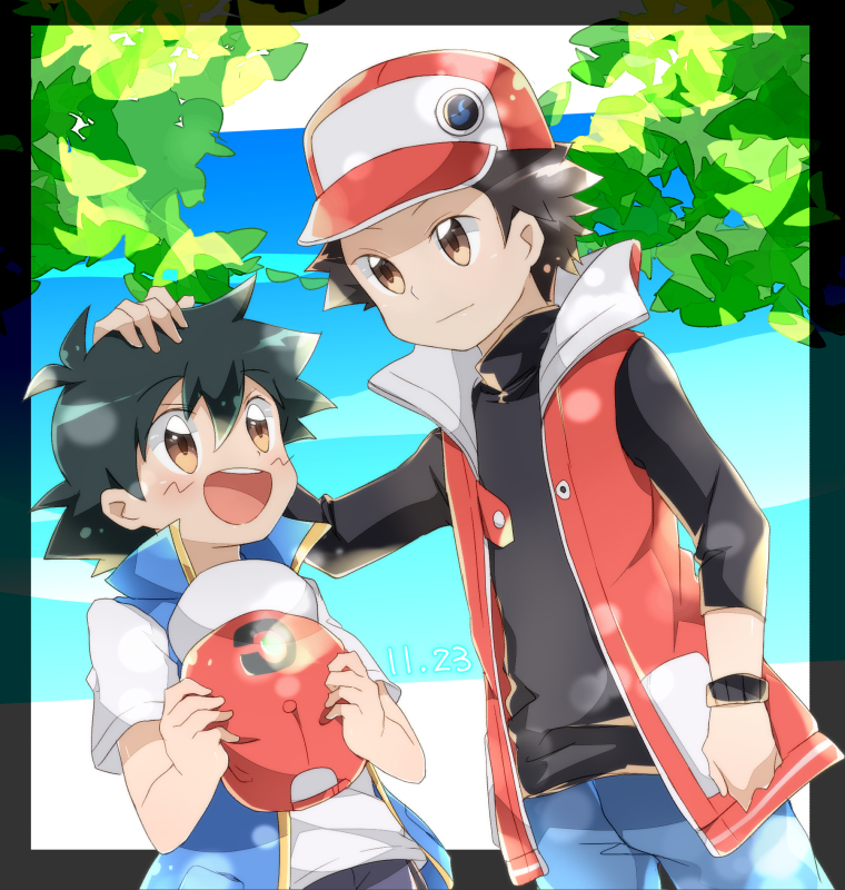 2boys, ash_ketchum, baseball_cap, black_hair, blue_pants, blue_vest, brown_eyes, cowboy_shot