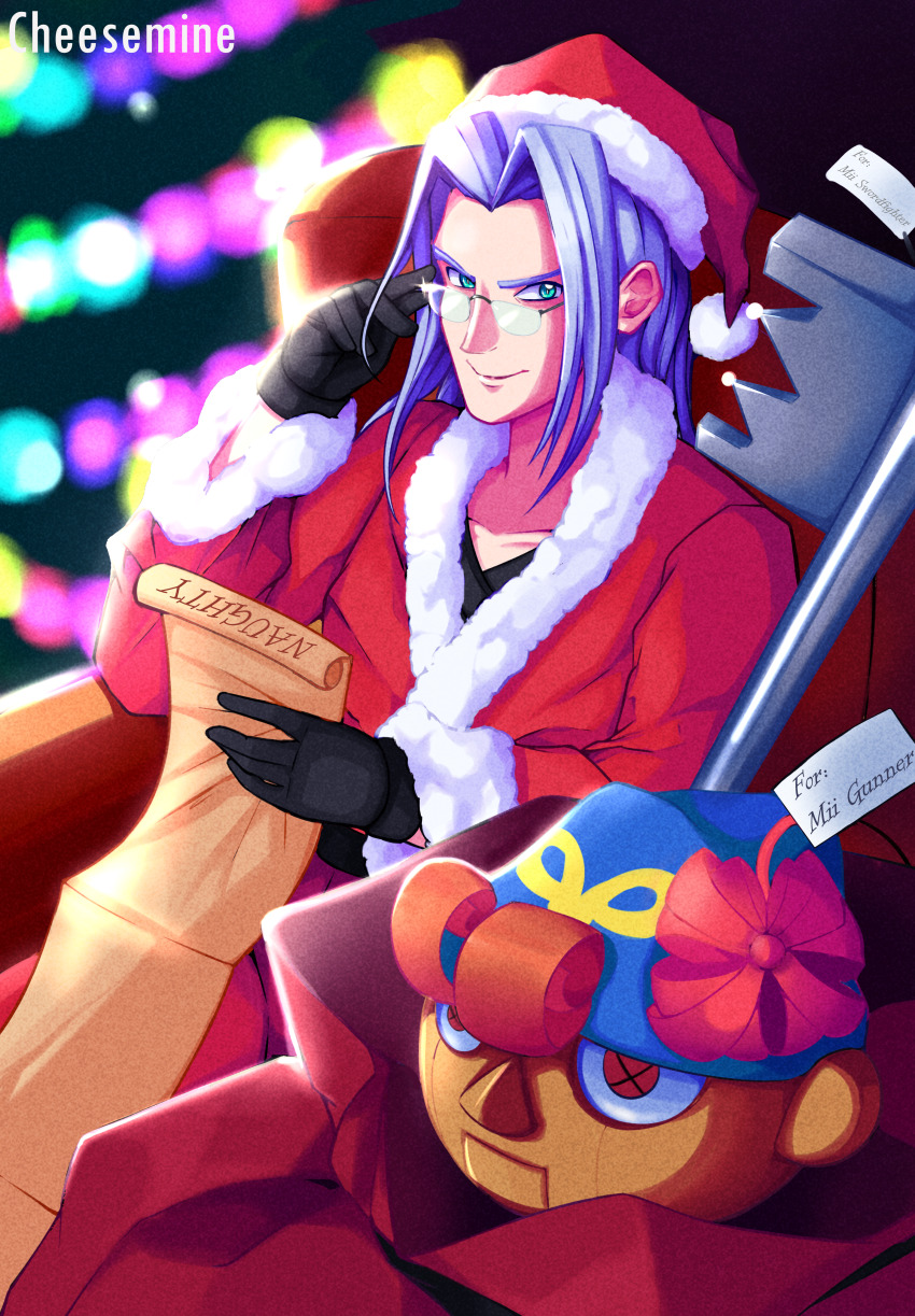 1boy, absurdres, adjusting_eyewear, aqua_eyes, artist_name, bag, black_gloves, blue_hat