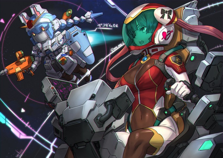 1girl, beam_rifle, bodysuit, breasts, cockpit, commentary_request, covered_navel, energy_gun