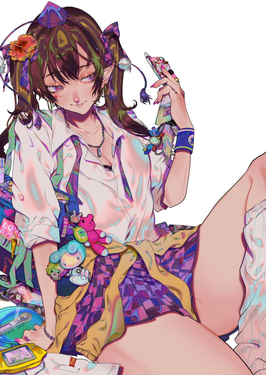 1girl, :3, aegyo_sal, album_cover, backpack, bag, black_bra, bow