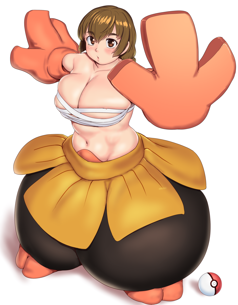 1girl, blush, breasts, brown_eyes, brown_hair, budget_sarashi, cleavage, collarbone, commentary_request, commission, cosplay, eyelashes, full_body, gen_3_pokemon, hair_between_eyes, hariyama, hariyama_(cosplay), highres, huge_breasts, large_breasts, long_hair, looking_at_viewer, mahouka_koukou_no_rettousei, navel, nintendo, ono_haruka, orizen, outstretched_arms, pixiv_commission, plump, poke_ball, poke_ball_(basic), pokemon, sarashi, solo, standing