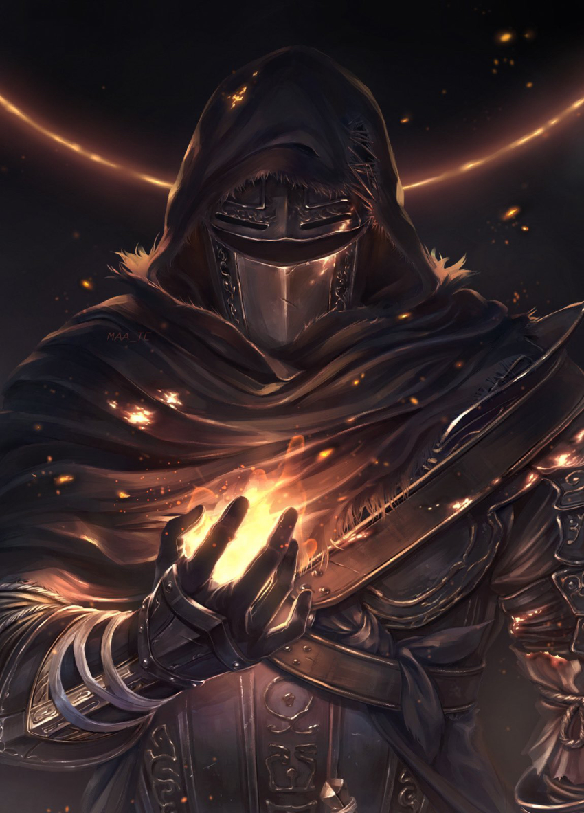 1other, ambiguous_gender, armor, ashen_one_(dark_souls), brown_cloak, cloak, dark_souls_(series), dark_souls_i, dark_souls_iii, eclipse, embers, fire, full_armor, gauntlets, hand_up, helmet, highres, hood, hood_up, hooded_cloak, knight, maa_tc, shoulder_armor, simple_background, visor
