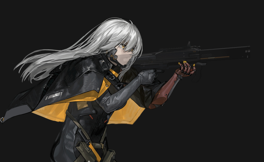 1girl, absurdres, aiming, assault_rifle, closed_mouth, cyborg, elbow_gloves, from_side