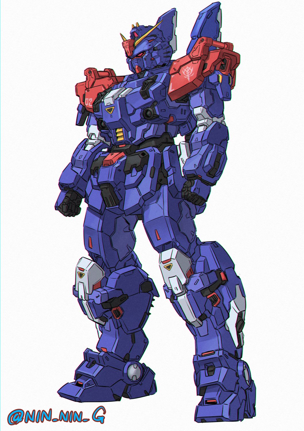 artist_name, blue_destiny_02, clenched_hands, gundam, gundam_side_story:_the_blue_destiny, highres, looking_ahead, mecha, ninnin_(shishitou), no_humans, red_eyes, robot, science_fiction, solo, standing, v-fin, white_background, zeon