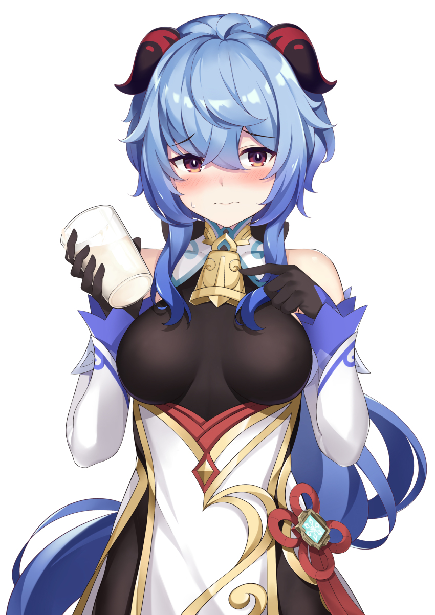 1girl, 3:, absurdres, ahoge, bare_shoulders, bell, black_gloves, blue_hair