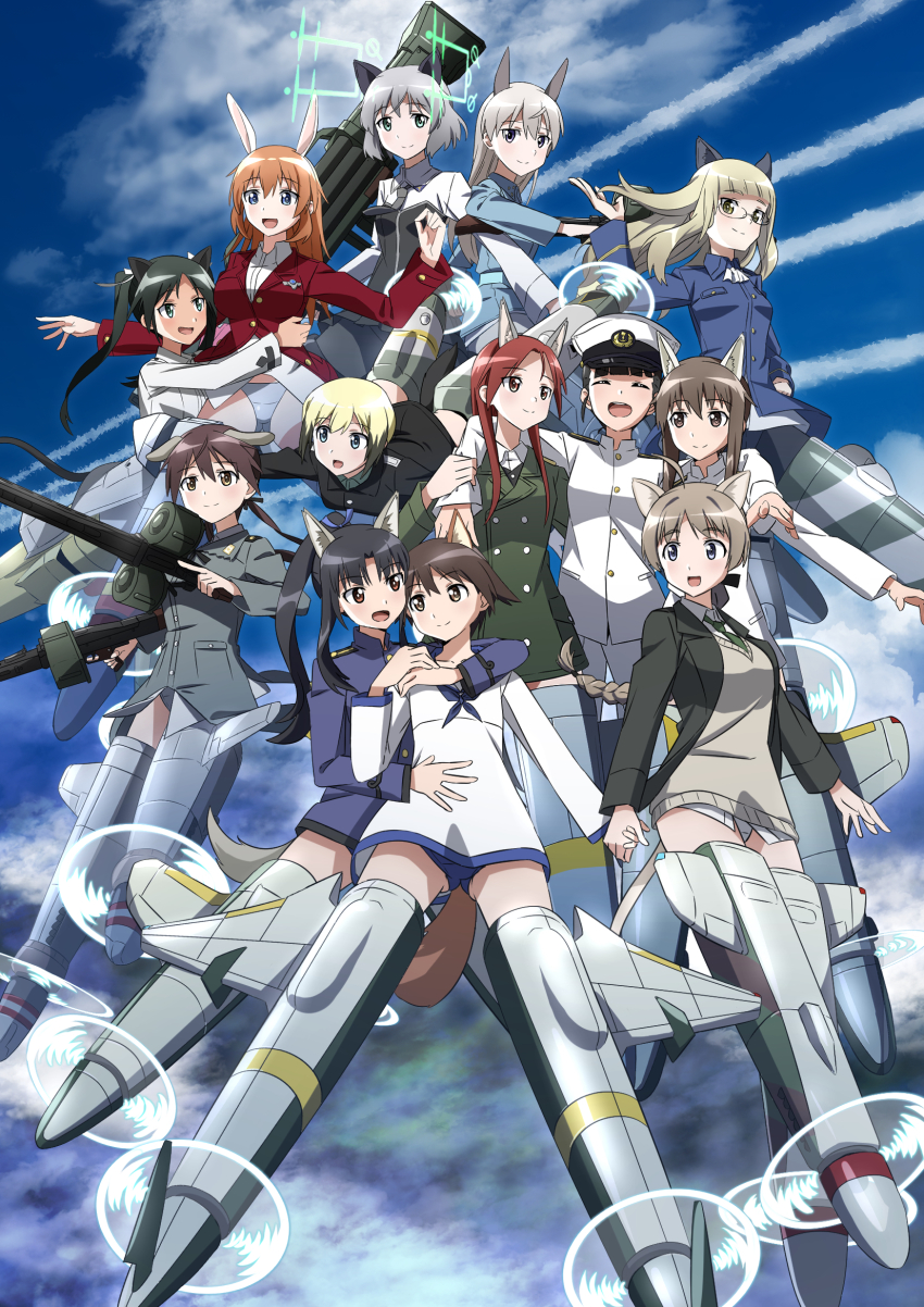 501st_joint_fighter_wing, 6+girls, animal_ears, black_hair, black_legwear, blonde_hair, blue_eyes, blue_one-piece_swimsuit, blush, breasts, brown_eyes, brown_hair, cat_ears, cat_tail, charlotte_e._yeager, closed_mouth, contrail, dog_ears, dog_tail, eila_ilmatar_juutilainen, erica_hartmann, fliegerhammer, flying, fox_ears, francesca_lucchini, gertrud_barkhorn, green_eyes, grey_hair, gun, hattori_shizuka, highres, holding_hands, hug, large_breasts, looking_at_another, looking_at_viewer, lynette_bishop, military, military_uniform, minna-dietlinde_wilcke, miyafuji_yoshika, multiple_girls, oinari_(koheihei1109), one-piece_swimsuit, open_mouth, orange_hair, panties, pantyhose, perrine_h._clostermann, rabbit_ears, rabbit_girl, red_hair, rifle, sakamoto_mio, sanya_v._litvyak, sky, small_breasts, smile, strike_witches, strike_witches:_kurenai_no_majo-tachi, striker_unit, swimsuit, tail, takei_junko, underwear, weapon, white_hair, white_panties, world_witches_series