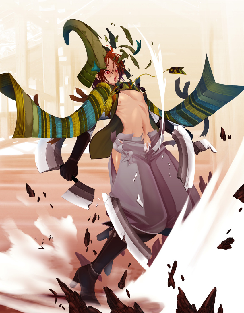 00s, 1boy, :o, armor, bad_id, bad_pixiv_id, boots, broken, brown_hair, chakram, clothing_cutout, damaged, from_side, gloves, hat, high_heel_boots, high_heels, highres, hip_vent, holding, holding_weapon, huge_weapon, japanese_armor, knee_boots, looking_down, male_focus, mouri_motonari_(sengoku_basara), navel, nipples, open_mouth, red_eyes, sengoku_basara, shiraishi_asuka, short_hair, shoulder_armor, sode, solo, surprised, torn_clothes, trap, weapon, wide-eyed, wind