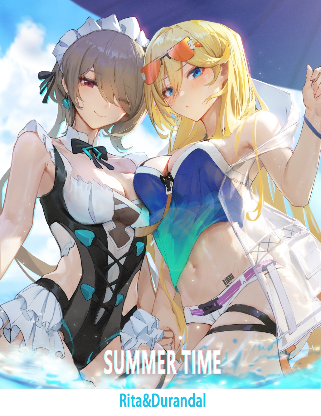 2girls, ;), asymmetrical_docking, barcode, barcode_tattoo, bare_shoulders, black_bow, black_neckwear