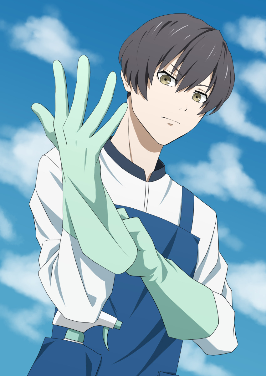1boy, 91_days, aoyama-kun_(keppeki_danshi), aoyama-kun_(keppeki_danshi)_(cosplay), apron, avilio_bruno, black_hair, blue_gloves