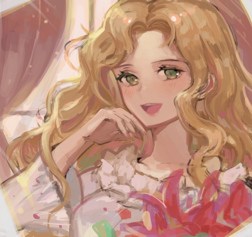 1girl, :d, blonde_hair, flower, green_eyes, hand_up, indoors, long_hair