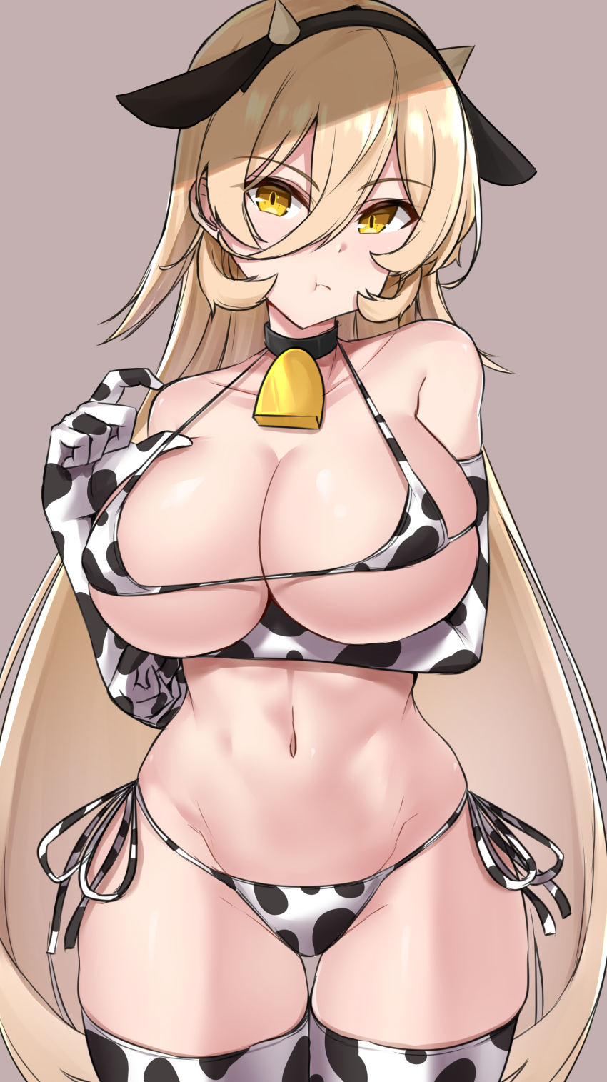 1girl, :t, absurdres, animal_ears, animal_print, bell, bikini, black_choker, blonde_hair, breast_hold, breasts, choker, cleavage, closed_mouth, collarbone, commentary_request, cow_ears, cow_horns, cow_print, cow_print_bikini, cowbell, elbow_gloves, fake_animal_ears, gloves, hair_between_eyes, halterneck, highres, horns, kirikan_(cokekiri), large_breasts, long_hair, micro_bikini, navel, neck_bell, nijisanji, nui_sociere, pouch, print_bikini, print_gloves, print_thighhighs, side-tie_bikini_bottom, simple_background, solo, standing, swimsuit, thigh_gap, thighhighs, very_long_hair, virtual_youtuber, yellow_eyes