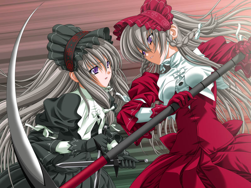 2girls, braid, coola, dagger, dress, dual_wielding, fighting, game_cg, gloves, gothic_lolita, grey_hair, hairband, holding, knife, kourin_tenshi_en_ciel_rena, lolita_fashion, lolita_hairband, long_hair, multiple_girls, polearm, purple_eyes, ribbon, ririkusu, saitou_natsuki, scythe, siblings, triangle_(company), twintails, weapon