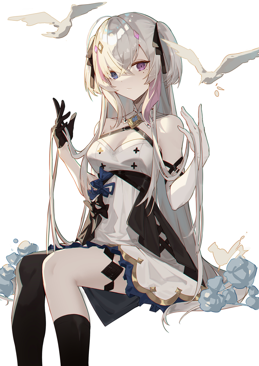 1girl, absurdres, ahoge, arm_strap, asymmetrical_gloves, asymmetrical_legwear, bare_shoulders, bird