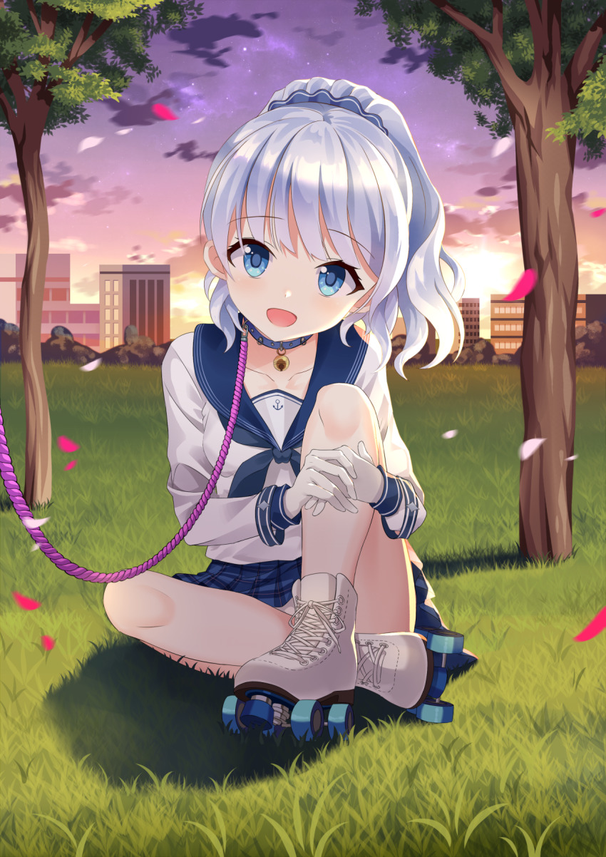 1girl, bdsm, bell, blue_eyes, blue_skirt, boots, building, cherry_blossoms, child, chinese_commentary, cloud, collar, commentary_request, crossed_legs, gloves, highres, jingle_bell, knee_up, leash, legs, long_hair, looking_at_viewer, miniskirt, okazakileo, open_mouth, outdoors, own_hands_together, panties, panty_peek, petals, ponytail, roller_skates, rope, school_uniform, serafuku, shirt, shoelaces, sigsbee_(warship_girls_r), silver_hair, sitting, skates, skirt, sky, slave, smile, solo, thighs, tree, underwear, upskirt, warship_girls_r, white_boots, white_gloves, white_panties, white_shirt