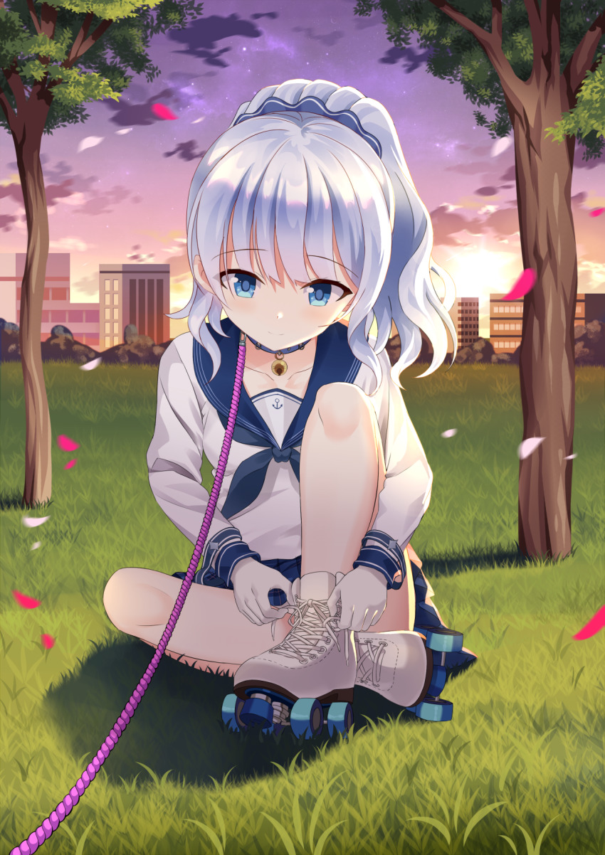 1girl, bdsm, bell, blue_eyes, blue_skirt, boots, building, cherry_blossoms
