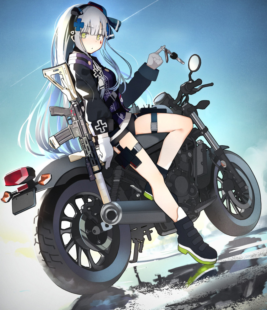 1girl, assault_rifle, blue_hair, blue_sky, clothes_writing, commentary, contrail, cross