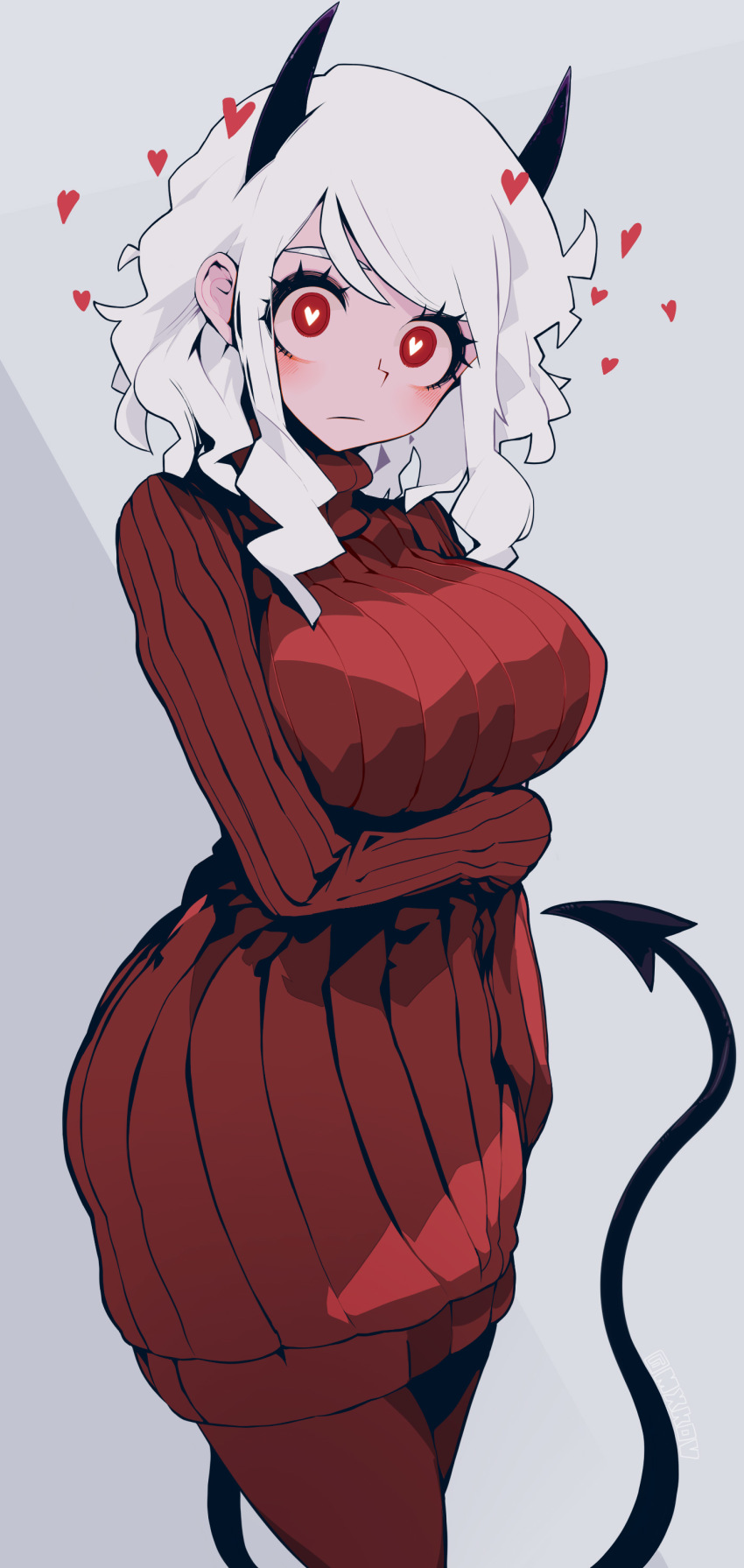 1girl, :<, absurdres, arm_under_breasts, black_horns, black_tail, blush, breasts, demon_girl, demon_horns, demon_tail, dress, eyebrows, eyebrows_hidden_by_hair, glowing, glowing_eyes, heart, heart-shaped_pupils, helltaker, highres, horns, large_breasts, medium_hair, modeus_(helltaker), pantyhose, red_eyes, red_pantyhose, red_sweater, shade, susumu, sweater, sweater_dress, symbol-shaped_pupils, tail, white_hair