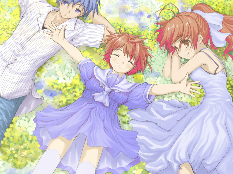 00s, 1boy, 2girls, antenna_hair, clannad, dress, closed_eyes, furukawa_nagisa