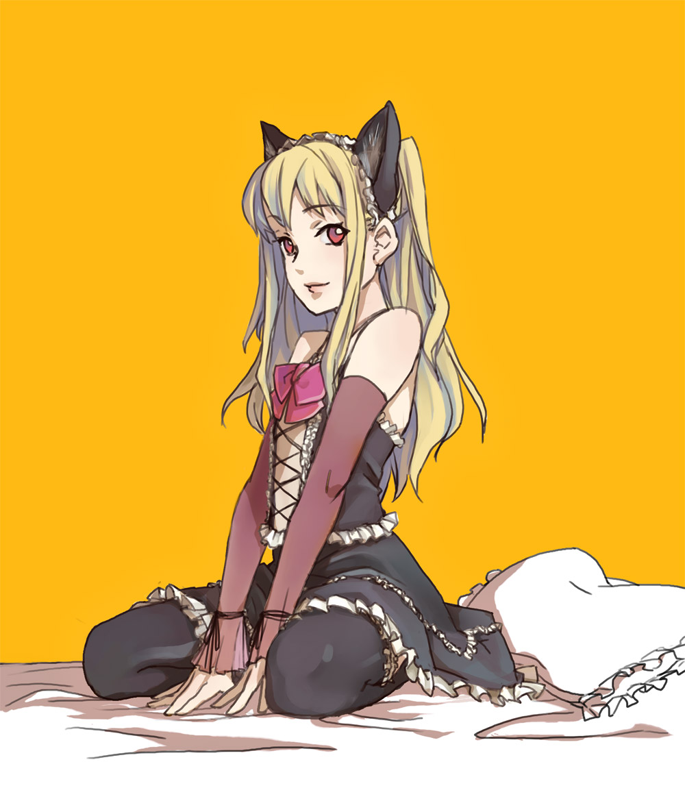 00s, 1boy, animal_ears, bad_id, bad_pixiv_id, bare_shoulders, bed, blonde_hair, bow, cat_ears, crossdressing, crossdressing_(mtf), detached_sleeves, fujino_(artist), long_hair, male_focus, maria_holic, pillow, shidou_mariya, simple_background, solo, thighhighs, trap