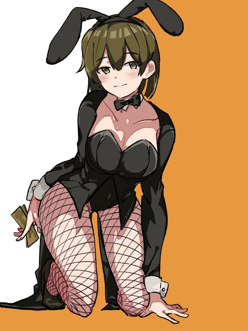 1girl, alternate_costume, animal_ears, black_bow, black_bowtie, black_jacket, blush, bow, bowtie, breasts, brown_hair, cleavage, collarbone, detached_collar, fake_animal_ears, fujisaki_(si_da), full_body, highres, hiryuu_(kancolle), holding, holding_money, jacket, kantai_collection, kneeling, large_breasts, looking_at_viewer, money, pantyhose, playboy_bunny, rabbit_ears, short_hair, solo, two-tone_background
