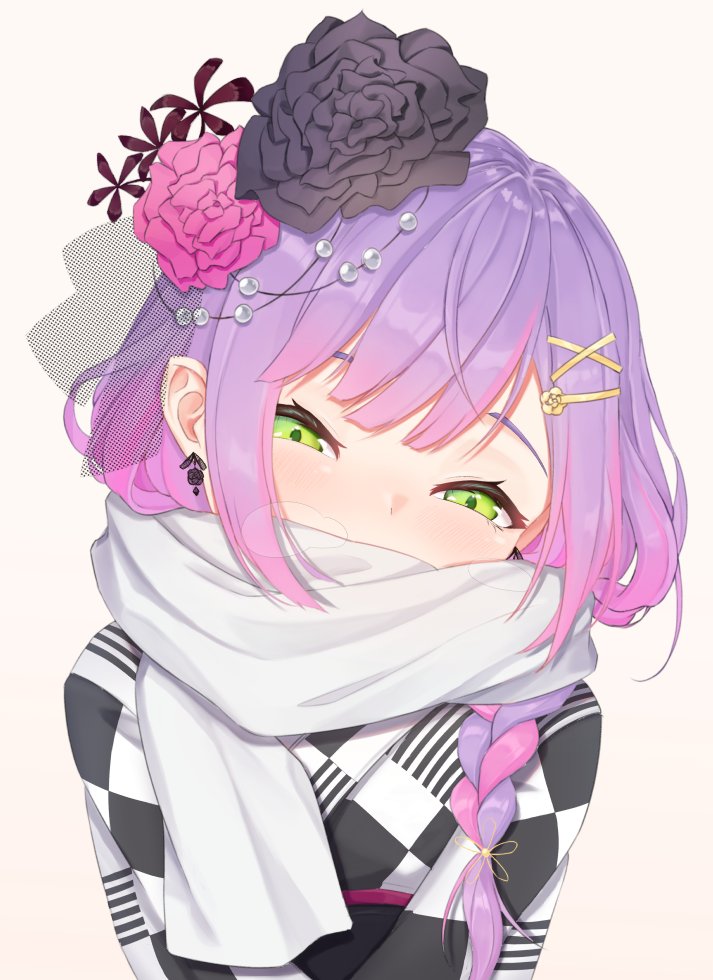 1girl, alternate_hairstyle, beads, blush, braid, breath, checkered_clothes, checkered_kimono