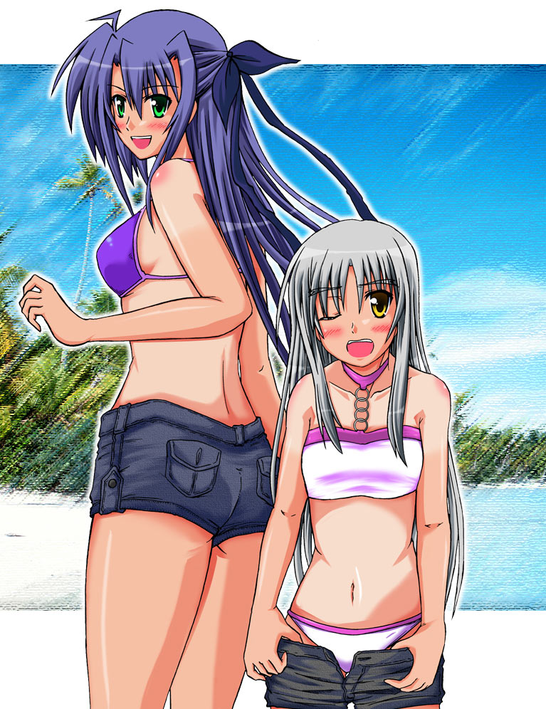 00s, 2girls, ;o, bad_id, bad_pixiv_id, bikini, bikini_top_only, blush