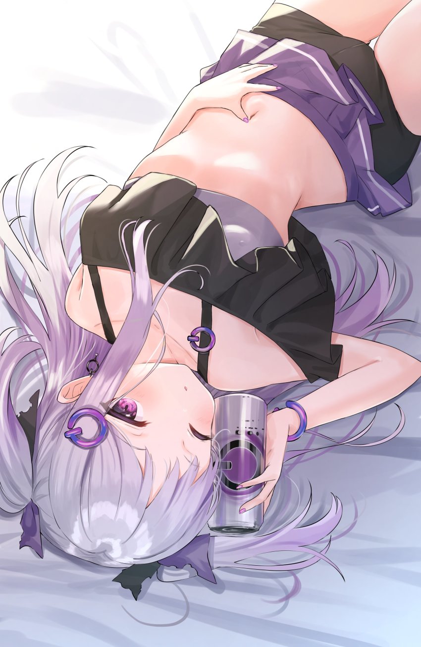 1girl, absurdres, bare_shoulders, bike_shorts, black_shirt, black_shorts, can, collarbone, crop_top, dive_to_zone, earrings, energy_drink, hair_ornament, hair_ribbon, hairclip, hand_on_own_stomach, highres, holding, jewelry, long_hair, looking_at_viewer, lying, microskirt, midriff, nail_polish, navel, off_shoulder, on_back, one_eye_closed, original, parted_lips, power_symbol, purple_eyes, purple_nails, purple_skirt, ribbon, shirt, short_shorts, shorts, shorts_under_skirt, sidelocks, silver_hair, skirt, solo, spaghetti_strap, stomach, thighs, tsukiman, two_side_up, upside-down