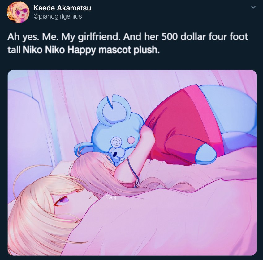 2girls, 500_dollar_four_foot_tall_mareep_(meme), ahoge, akamatsu_kaede, antenna_hair, artist_name, bed, blanket