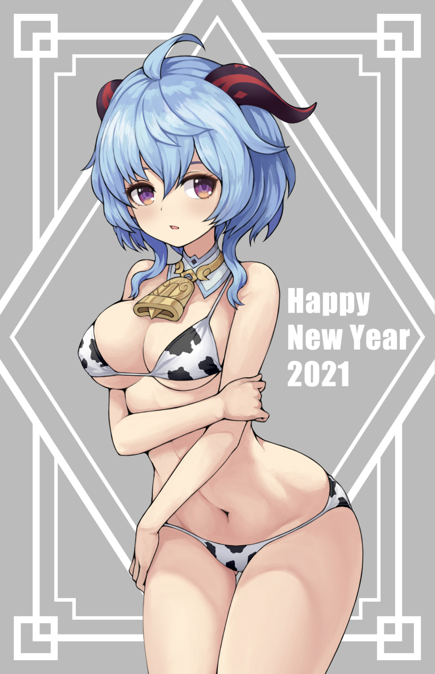 1girl, 2021, absurdres, ahoge, animal_print, bare_shoulders, bell, bikini