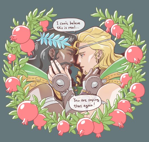 2boys, achilles_(hades), astraea_f, beard, black_hair, blonde_hair, circlet, closed_eyes