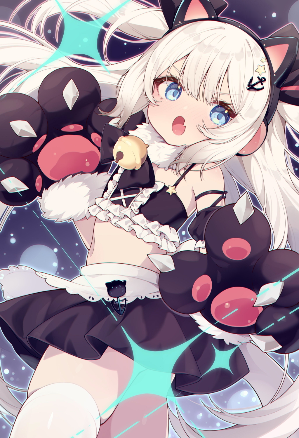 1girl, aka_kan, anchor_hair_ornament, animal_ear_headphones, animal_ears, animal_hands, apron, azur_lane