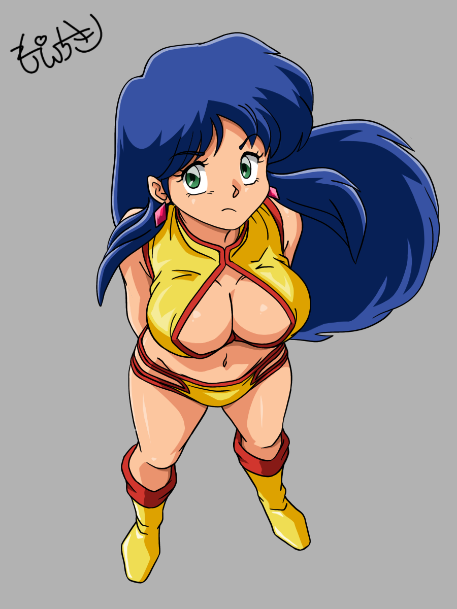 1girl, arms_behind_back, bad_id, bad_pixiv_id, blue_hair, breasts, cleavage, crop_top