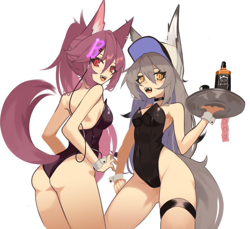 2girls, absurdres, alcohol, animal_ear_fluff, animal_ears, ass, baseball_cap, breasts