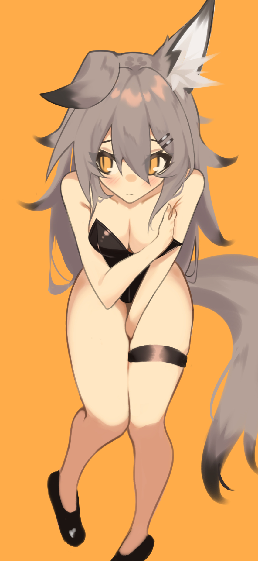 absurdres, animal_ear_fluff, animal_ears, between_legs, breasts, cleavage, covering_body, embarrassed, eyebrows_hidden_by_hair, ghost_(tama), grey_hair, hair_ornament, hairclip, hand_between_legs, highres, leaning_forward, looking_to_the_side, medium_breasts, nontraditional_playboy_bunny, original, playboy_bunny, solo, tail, thigh_strap, wolf_ears, wolf_girl, wolf_tail, yellow_eyes