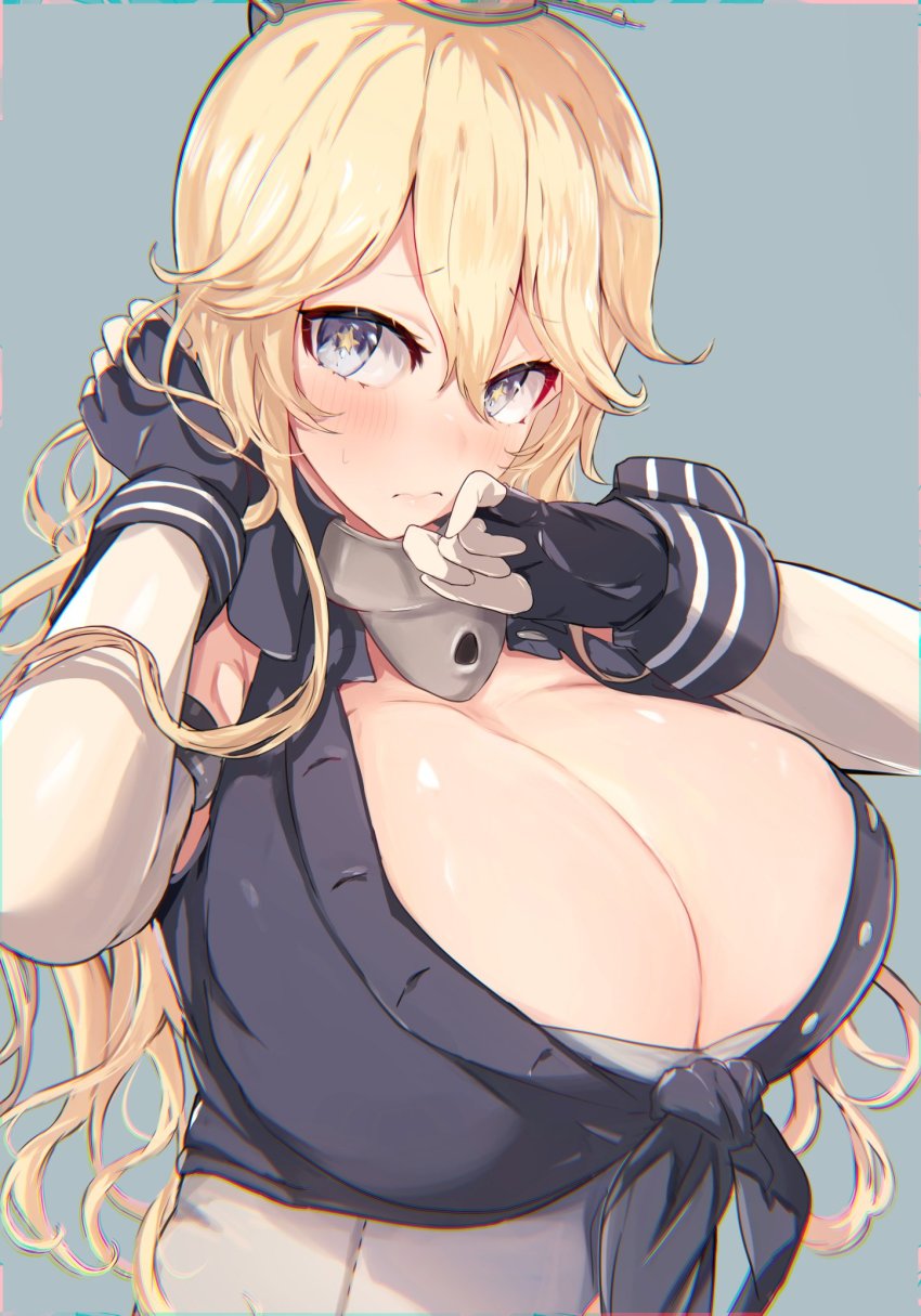 1girl, adjusting_hair, black_gloves, blonde_hair, blue_eyes, blush, breasts, commentary_request, elbow_gloves, fingerless_gloves, front-tie_top, gloves, grey_background, headgear, highres, huge_breasts, iowa_(kancolle), kantai_collection, looking_at_viewer, miyako_(rgrayt), simple_background, solo, star-shaped_pupils, star_(symbol), sweatdrop, symbol-shaped_pupils, upper_body