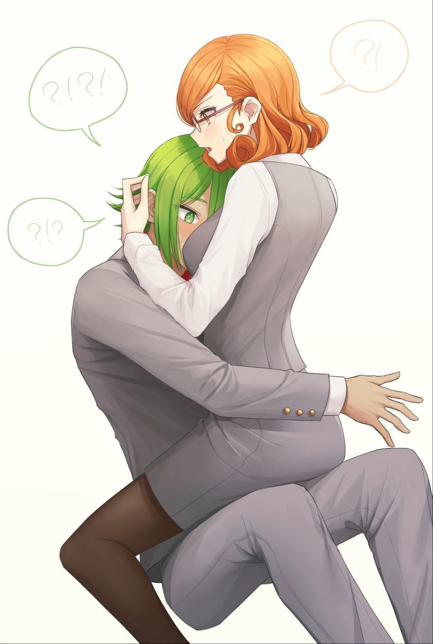 !?, 1boy, 1girl, ?, aged_up, alternate_costume, brown_pantyhose, commentary_request