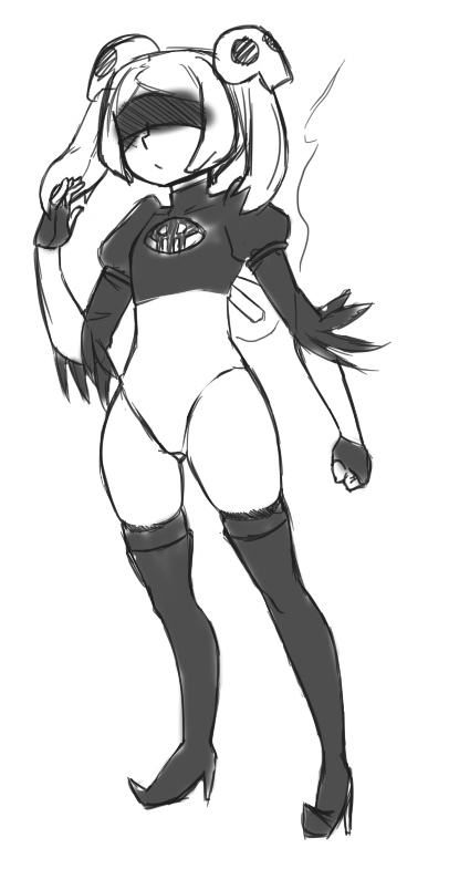 1girl, 2b_(nier:automata), 2b_(nier:automata)_(cosplay), blindfold, bloody_marie_(skullgirls), boots, cosplay, fingerless_gloves, fire, full_body, gloves, hair_ornament, kira_buckland, leotard, malofantastic, monochrome, nier:automata, nier_(series), sketch, skull_hair_ornament, skullgirls, solo, standing, thigh_boots, thighhighs, twintails, voice_actor_connection, white_background