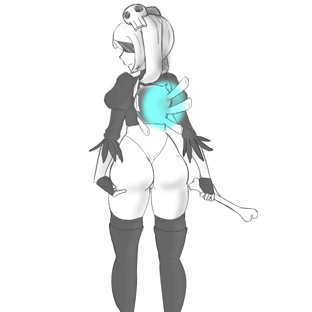 1girl, 2b_(nier:automata), 2b_(nier:automata)_(cosplay), ass, blindfold, bloody_marie_(skullgirls), bone, boots, cosplay, exposed_bone, fingerless_gloves, fire, from_behind, gloves, hair_ornament, kira_buckland, leotard, malofantastic, monochrome, nier:automata, nier_(series), ribs, sketch, skull_hair_ornament, skullgirls, solo, standing, thigh_boots, thighhighs, twintails, voice_actor_connection, white_background